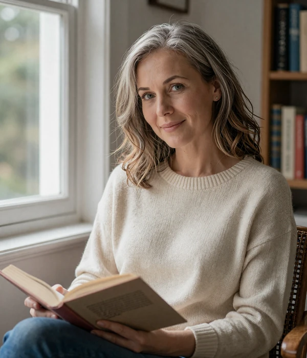 Woman in her early fifties with silver-streaked hair reading calmly in a sunlit study, reflecting authentic mature dating on Conektik