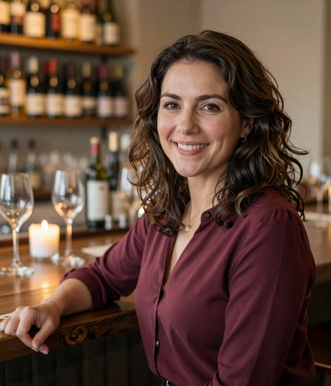 Verified Conektik member Claire, 49, smiling warmly at a candlelit wine bar, an example of authentic mature dating profiles