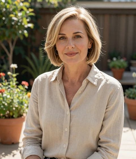 Verified Conektik member Diane, 54, gardening on a sunlit patio, illustrating genuine casual profiles for serious dating over 45