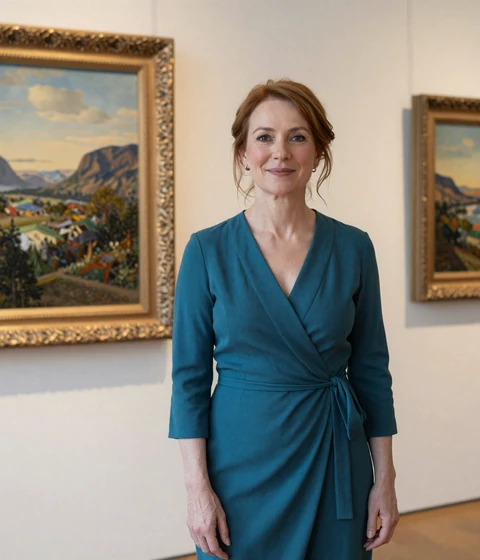 Verified Conektik member Ruth, 58, at an art gallery, showing refined verified profiles on a trusted dating platform for men over 45