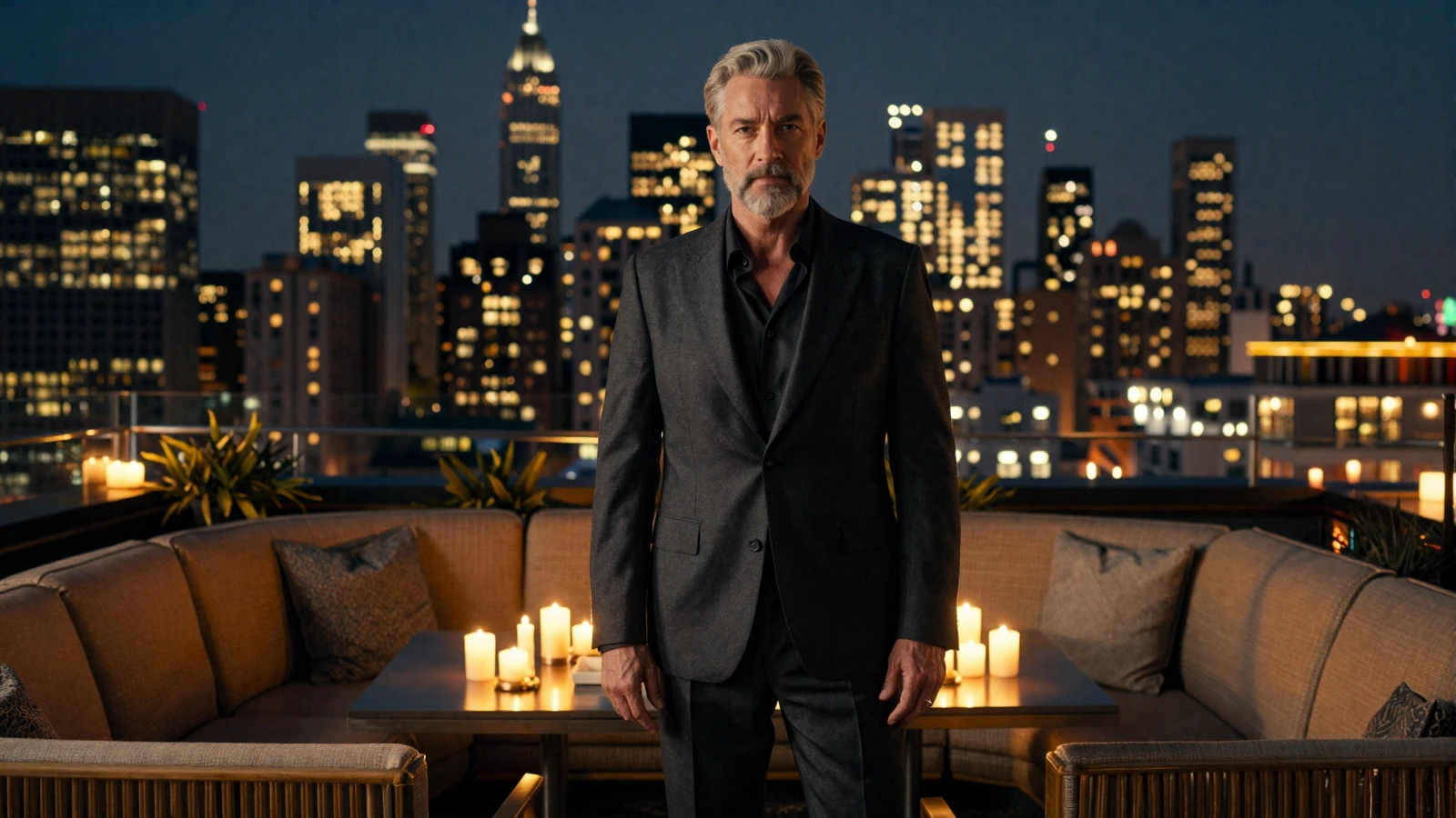 Distinguished silver-haired man in a charcoal suit at a candlelit rooftop lounge at dusk, the refined mood of serious online dating for men over 45